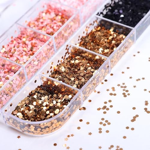 1 Box 4 Color Holographic Hearts Nail Glitter Round Star Nail Sequins 3D Pink Gold Nail Flakes Sparkly Glitter Flakes Shiny Nail Glitter Valentine's Day Nail Sequins Glitter for Nails Art 12 Grids - color: YHN01
