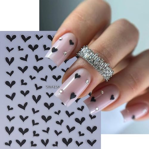 Heart Nail Stickers for Nail Art, Valentines’ Day Hearts Nail Art Stickers Decals 6PCS Black White Red 3D Self-Adhesive Heart Sticker for Nails Valentines Nails Design Manicure Supplies for Women - style: red white black heart