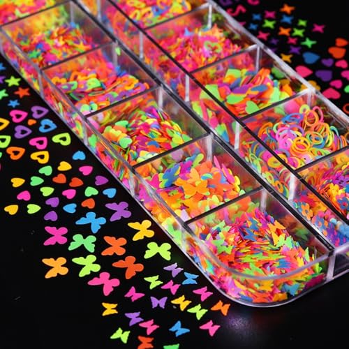 1 Box Holographic Heart Star Nail Glitter Butterfly Flower Nail Sequins 3D Letter Alphabet Nail Flakes Sparkly Powder Flakes Shiny Nail Glitter Figure Nail Sequins Glitter for Nails Art 12 Grids - color: Color 46