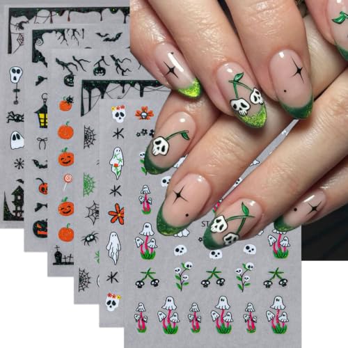 Halloween Nail Art Sticker Pumpkin Nail Sticker 6Pcs Horror 3D Self-Adhesive Ghost Skull Spider Web Bat Nails Pumpkin Decals Skeleton Castle Nail Supplies Accessories for Halloween Manicure Decoration - color: Pumpkin Face