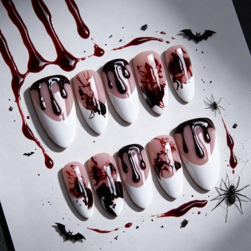 Halloween 3D Bloody Press on Nails Medium Almond French Tip 24Pcs - color: Halloween 3