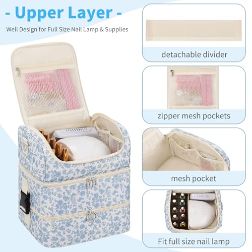 CUBETASTIC Nail Polish Organizer, Nail Supplies Storage Case Holds 86 Bottles Nail Polish & Nail Lamp, Travel Nail Tech Carrying Bag, Nail Kit Bag For Nail Stuff & Manicure Tools - color: Blue Floral, size: 86 Slots