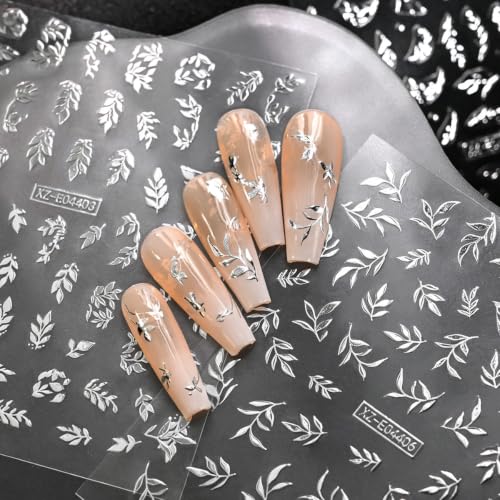 12 Sheets Gold & Silver Nail Stickers, Flower & Leaves 3D Nail Decals - color: Style-28