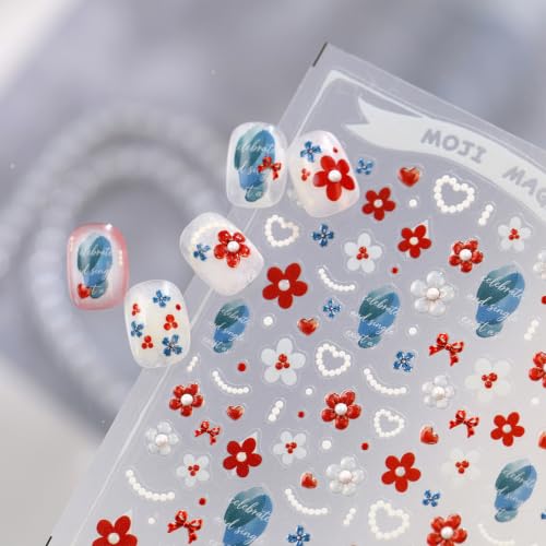 Red Flower Nail Stickers Decals Pearl Heart Design Nail Decals for Nail Art - color: Color38