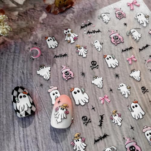1 Sheet 5D Embossed Halloween Nail Stickers Cute Ghost Nail Decals with Mini Pumpkin Flower Bow Design Bat Nail Art Stickers Halloween Nail Decoration Horror Skull Nail Supplies for Women DIY Manicure - color: Halloween09