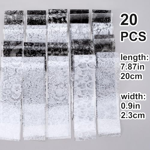 SmallCat 20 Pcs Lace Nails Stickers, 7.87×0.98 Inch, Black White - color: Black, White, (20×2.3cm), Style 2