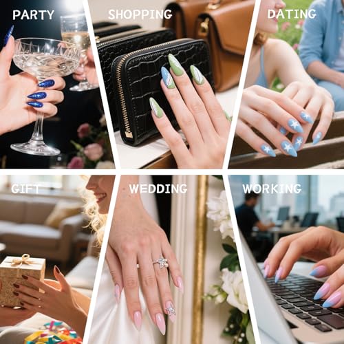 Handmade Square Coffin Press on Nails – Ocean Ombre Blue Bronze Nails with 3D Carved Flower & Gold Foil, Reusable Glossy Stick on Fake Nails, 10pcs Acrylic Nail Set with Tool Kit (Size M) - color: 01, size: Medium