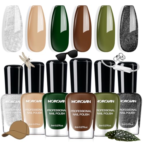 Morovan Workwear Nail Polish Set: Green Dark Olive Brown Nude Women Gift - color: Workwear Neutrals