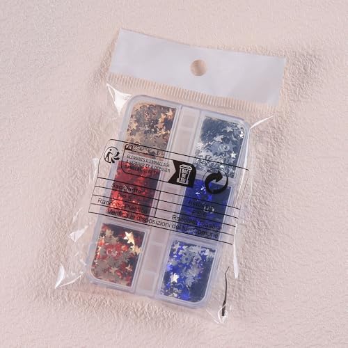 1 Box 6 Color Holographic Star Nail Glitter Red Blue Nail Sequins 3D Gold Silver Nail Flakes Sparkly Powder Flakes Patriotic Independence Day Nail Sequins Glitter for Nails Art 6 Grids - color: Color 28