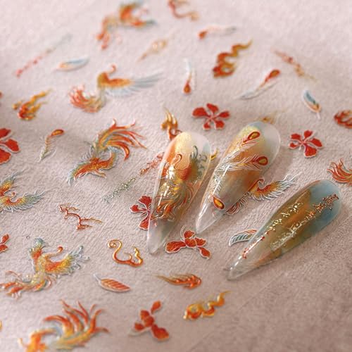 5D Embossed Nail Stickers Gold Phoenix Feather Flame Self Adhesive - color: Gold Phoenix
