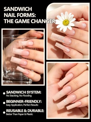 TOROKOM Sandwich Nails Dual Forms for Builder and Poly Nail Gel Extensions - color: Long Square