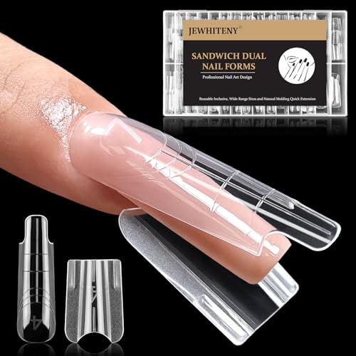 JEWHITENY 280 PCS Sandwich Nails Dual Forms:short square Reusable Nail Forms with Guide Lines,14 Sizes Nail Mold for Nails Extension,Salon & Home DIY Nail Art Tools - color: short square-SMZ-04