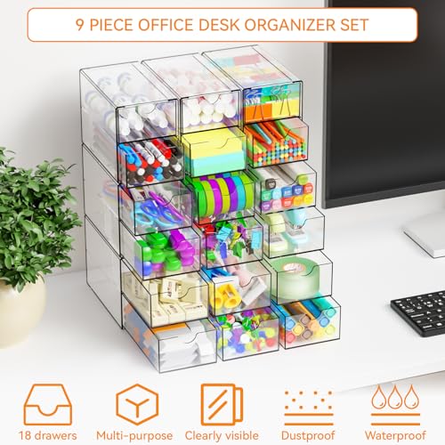 Yieach 9 Pack Small Acrylic Drawers With 18 Drawers,Clear Drawer Organizers Stackable,School,Office Supplies Organizer And Storage Bins for Stationery,Pen,Pencil,Craft,Glasses,Sunglass Organizer Case - size: 18 Drawers-3.4 In Narrow