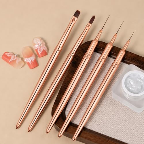 5PCS Nail Art Brushes Set, Rose Gold Gel Nail Brushes with Flat Builder Brush, Angled French Tip Brush, Detail Liner Brushes, Professional Manicure Tools for Gel Polish Application - color: Rose Gold