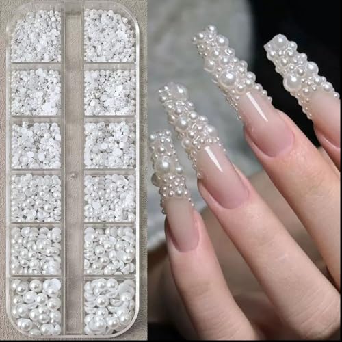1 Box Flatback White Half Round Pearls 3D Nail Charms Nail Jewelry Crafts Accessories Pearl Gem Rhinestones for Women Acrylic Nails Supplies Manicure Decorations DIY Accessories - color: White Pearl