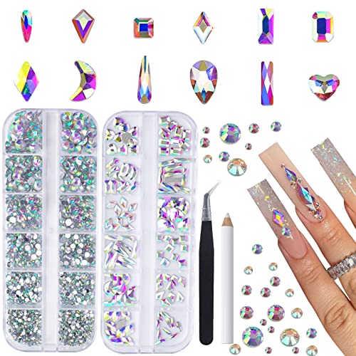 Canvalite 3438Pcs Rhinestones Nail Gems, 12 Styles 3D Glass AB Crystals Charms Shiny Multi Shape Flatback Nail Rhinestones for Nail Art with Picker and Tweezers for DIY Nail Art - color: Transparent AB, size: 12 Styles