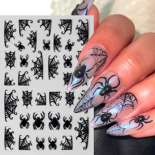 6 Sheets Halloween Spider Web Nail Stickers Spider Nail Stickers for Nail Art 3D Self-Adhesive Ghost Nail Decals Black White Spiders Web Bat Silver Glitter Black French Nails Design Supplies for Women - style: bats
