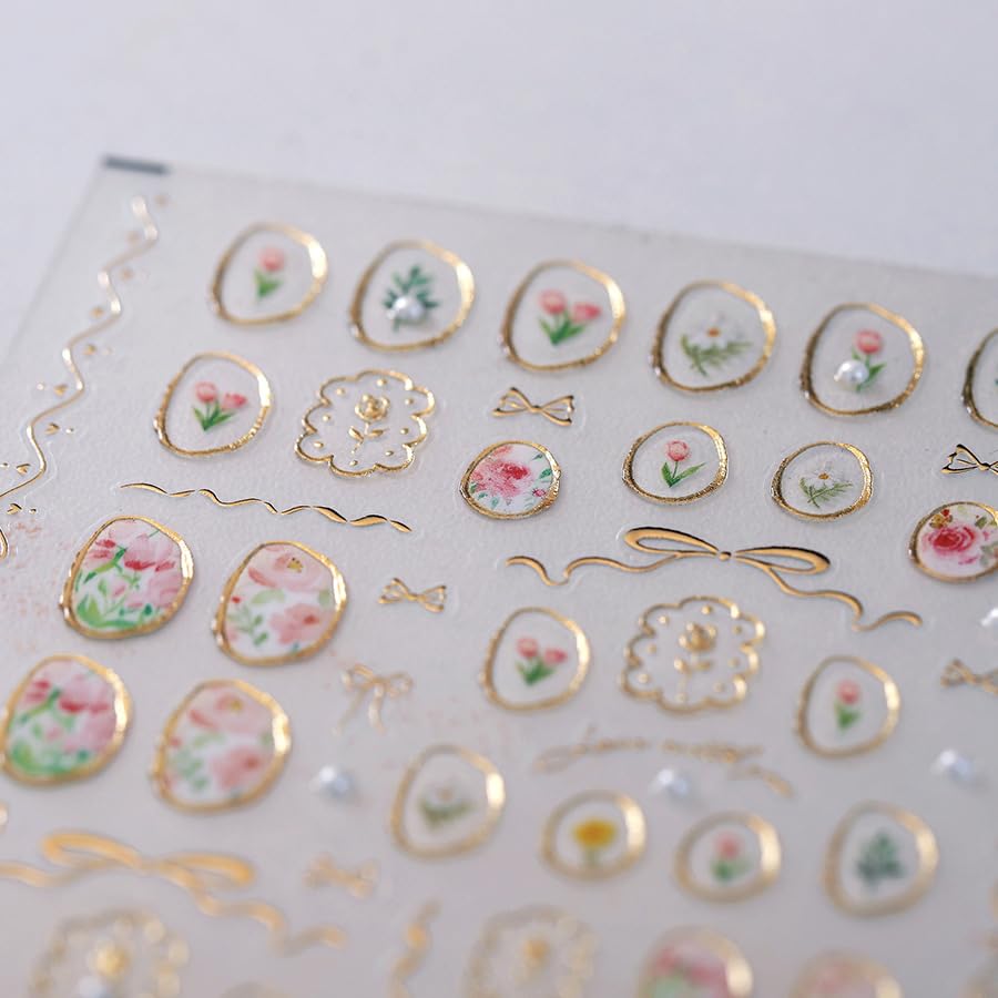 1 Sheet Flower Nail Stickers 5D Embossed Nail Art Stickers Decals Tulip Glue Irregular Geometric Frames Nail Decals Gold Hollow Designs Nail Supplies Pink Floral Manicure Decor Accessories for Women - style: tulips