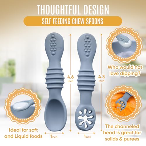 HippoBaby 4pc Silicone Baby Spoons Self Feeding Baby Utensils 6-12 Months - 3 Baby Spoon - 1 Baby Fork - Toddler Cutlery Set - BPA Free, Dishwasher Safe - Baby Eating Essentials (Gray/Beige) - color: Cloud/Khaki