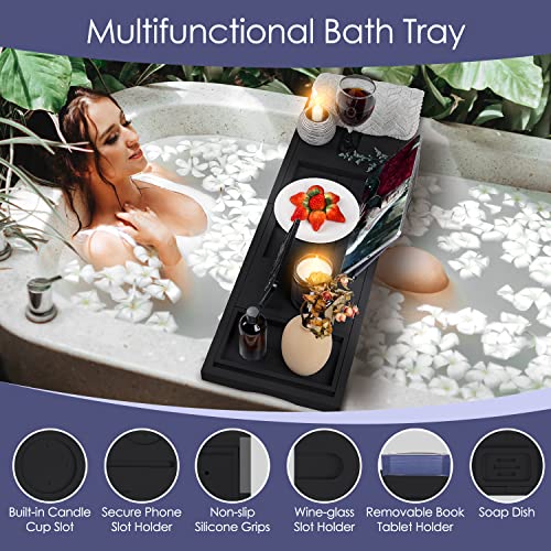 Foldable Bathtub Tray Caddy with Soap Dish Adjustable 29.5-43''Black - color: Black