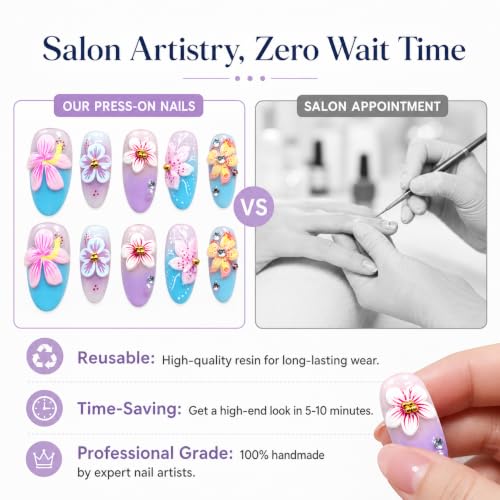 10Pcs Almond Press on Nails, Tropical Hibiscus Flower Design, Blue and Lavender Ombre Fake Nails with 3D Rhinestones, Summer Beach Floral Glossy Glue on Nails for Women - color: Blue and Purple Ombre, size: S