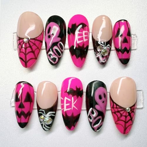 24Pcs Halloween Press on Nails Medium Almond French Tip Fake Nails with Spider Web and Rhinestone Designs Hot Pink Glossy False Nails Bat Ghost Glue on Nails for Women Halloween Acrylic Nails DIY - color: special Halloween-1