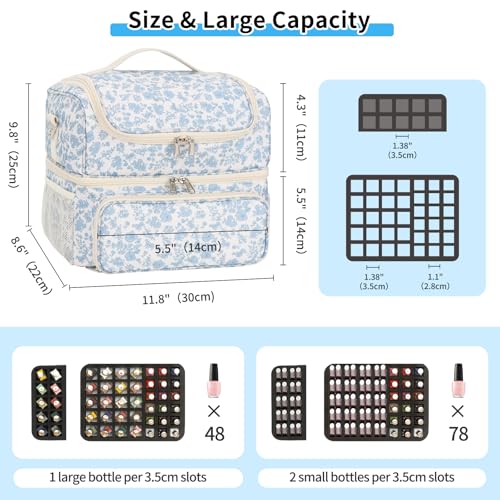 CUBETASTIC Nail Polish Organizer & Storage Bag for 48 Bottles & Full-Size Lamp, Double-Layer Travel Case Box for Nail Supplies, Manicure Kit & Pedicure Tools (Blue Floral, 48 Slots) - color: Blue Floral, size: 48 Slots