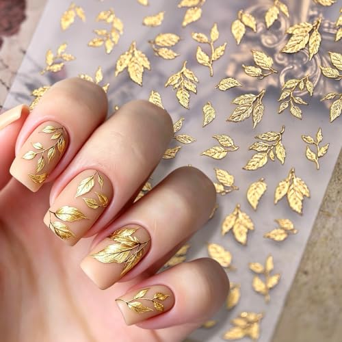 1 Sheet Fall Gold Leaf Nail Stickers 5D Embossed Self-Adhesive Nail Decals Metallic Leaves Nail Design Nail Stickers Autumn Golden Leaves Thanksgiving Supplies for Women Nails Decoration Accessories - color: Gold Leaf