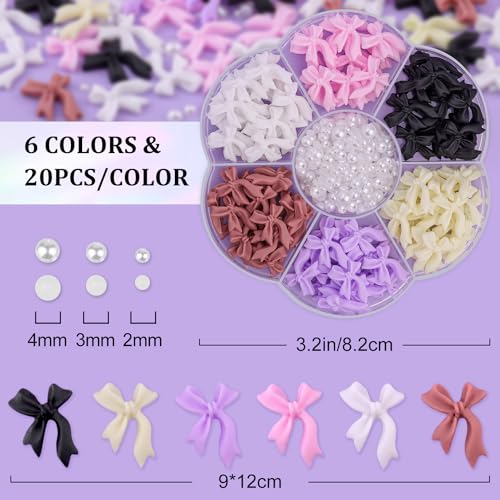 BELLEBOOST 1 Box 3D Bow Nail Charms and Flatback Pearls Set 7, 120 Pcs Cute Bow Charms in 6 Colors for Nail Design + 2-4mm White Nail Pearls with Pickup Tweezer and Pencil for Nail Art Decoration - color: Style C - 6 Colors Set