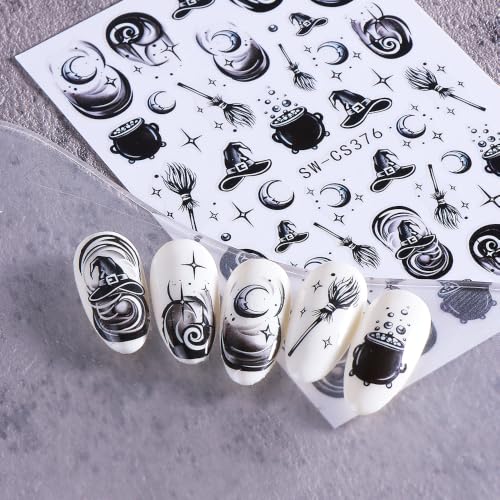 Halloween Witchcraft Theme Nail Broomstick Cauldron Nail Decal 6Pcs 3D Self-Adhesive with Evil Eye Vortex Moon Star Nail Design Gothic Nail Supplies Accessories for Halloween DIY Manicure Decoration - color: Witchcraft