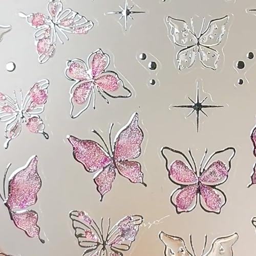 Red Butterfly 5D Embossed Nail Art Stickers Spring Summer Nail Decals Hot Silver Butterflies Nail Stickers Self Adhesive Glitter Star Nail Design Stickers for Women Spring Summer Nail Art Supplies - style: Butterfly Nail Stickers-7