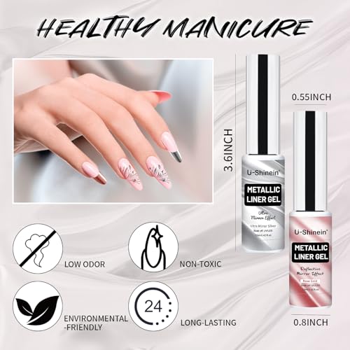 2x12ml Metallic Painting Line Gel,Art Gel Liner - color: Ultra Mirror Silver+Rose Glod