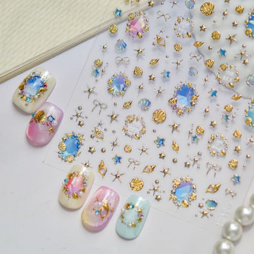 1 Sheet Summer Nail Stickers 5D Gold Shell Starfish Nail Decals Shiny Marine Life Nail Art Stickers Ocean Theme Nails Design Sea Nail Accessories Beach Nail Supplies for Women Manicure Decoration DIY - color: Gold Shell Starfish