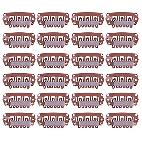 YANTAISIYU 24 pcs/lot Hair Extensions Clips 28mm 6-Teeth U-Shape Snap Metal Wig Clips with Rubber for Hairpiece Hair Extensions (Light Brown) - color: Light Brown, style: 28mm 24pcs U-shape