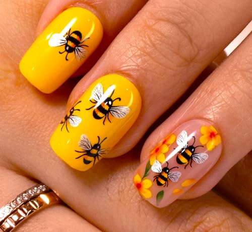 CurvLife Medium Square Floral Press On Nails, Bee Garden, Soft Gel - color: Bee