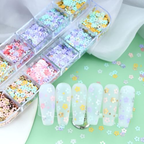 1 Box 6 Color Holographic Flower Nail Glitter Laser Aurora Pink Nail Sequins 3D Blue Purple Nail Flakes Sparkly Powder Flakes Shiny Nail Glitter Colorful Nail Sequins Glitter for Nails Art 12 Grids - color: Color 34