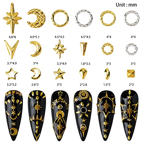 3D Nail Charms - Gold Star, Moon, Multiple Shape Gem, 3 Boxes, Metal Nail Decoration Studs, for Nail Art - color: Metal Studs