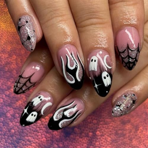 Halloween Press on Nails Medium Almond Fake Nails Ghost Flame False Nails - color: Style 5