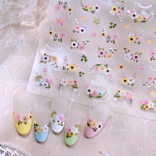 1 Sheet Colorful Daisy Flower Nail Art Stickers 5D Self-Adhesive Embossed Floral Nail Decals Cherry Blossom Nail Design Cute Floral Nails Supplies for Women Spring Summer DIY Nail Decor Accessories - style: daisies