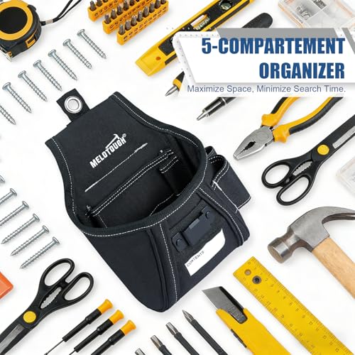 MELOTOUGH Nail and Screw Organizer Bag for Electricians and Carpenters, Tool Belt Pouch with Belt Clip, Heavy Duty Work Fastener Pouch - color: Black