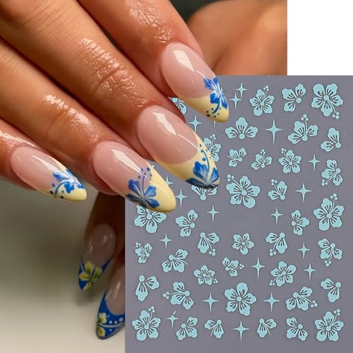10 Sheets Hibiscus Flower Nail Stickers for Nail Art Petal Floral Nail Art Decals 3D Self-Adhesive Pink Blue Gold Silver Hibiscus Nail Design Pegatinas Uñas for Women DIY Manicure Decor Accessories - style: hibiscus flower