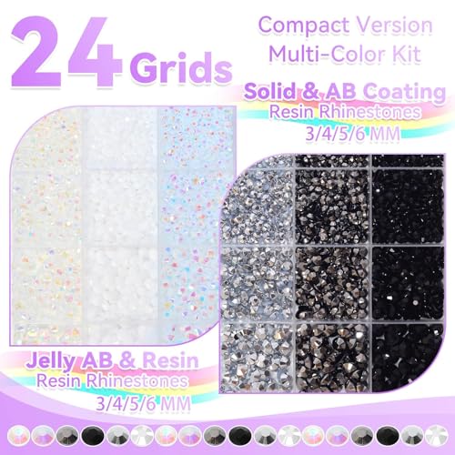 24Grid Black White Rhinestones Kit 3-6mm, Flatback Gems for Bedazzling - color: S3