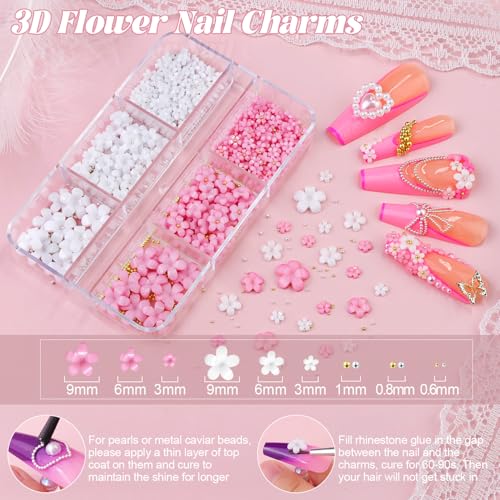 Flatback White Nail Pearls and 3D Flowers for Nails Caviar Nail Beads - color: 12 2 Boxes Nail Art Decos Set 31+Glue