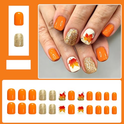 Fall Glitter Press On Nails Short Square Fake Nails Orange Maple Leave - color: design-11