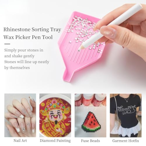 Nail Art Rhinestone Picker Tool Set, Wax Pencil with Diamond Painting Tray, Crystal Gem Picker Pen and Bead Sorting Tray for Nail Art, Diamond Painting, Jewelry Making & Crafts（Pink）