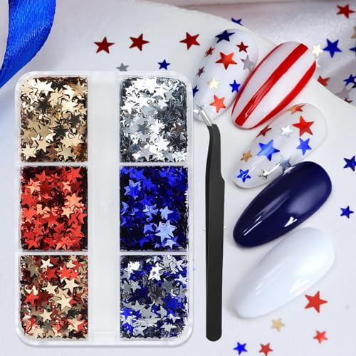 1 Box 6 Color Holographic Star Nail Glitter Red Blue Nail Sequins 3D Gold Silver Nail Flakes Sparkly Powder Flakes Patriotic Independence Day Nail Sequins Glitter for Nails Art 6 Grids - color: Color 28