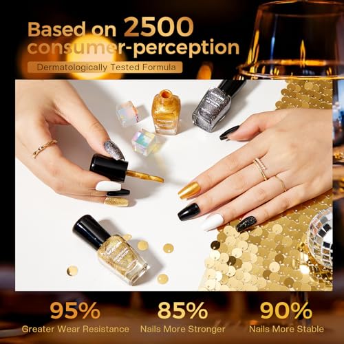 Morovan Nail Polish Set Fingernail: Black Gold White Glitter Sparkle Sliver - color: Opulent Black