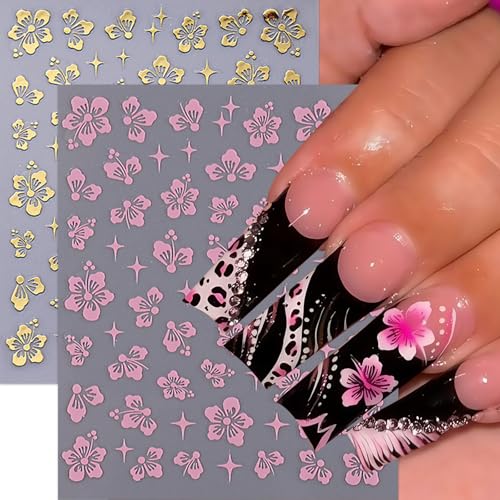10 Sheets Hibiscus Flower Nail Stickers for Nail Art Petal Floral Nail Art Decals 3D Self-Adhesive Pink Blue Gold Silver Hibiscus Nail Design Pegatinas Uñas for Women DIY Manicure Decor Accessories - style: hibiscus flower