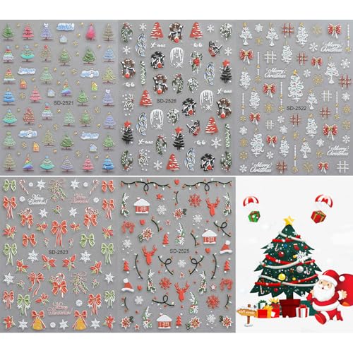 Christmas Nail Stickers, 5D Embossed Holly Leaf Nail Decals Snowflake Elk Lights Bell Xmas Tree Winter Nail Design Holiday Nail Art Decoration for Women Girls(5Sheets) - style: Holly Leaf