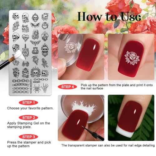 6 Sheets Nail Stamping Plate Skull Rose Nail Art Stamp - color: Skull Rose
